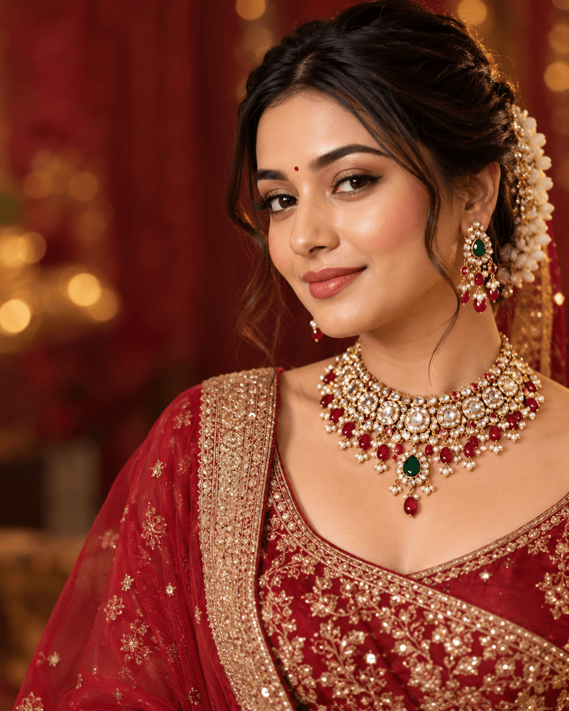 Bride wearing a gold kundan necklace with emerald drop
