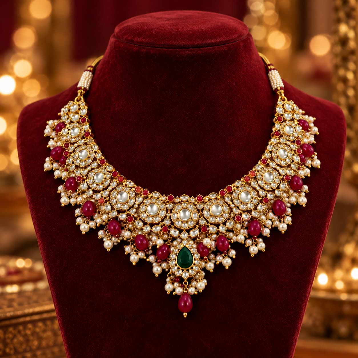 The same necklace on royal maroon velvet
